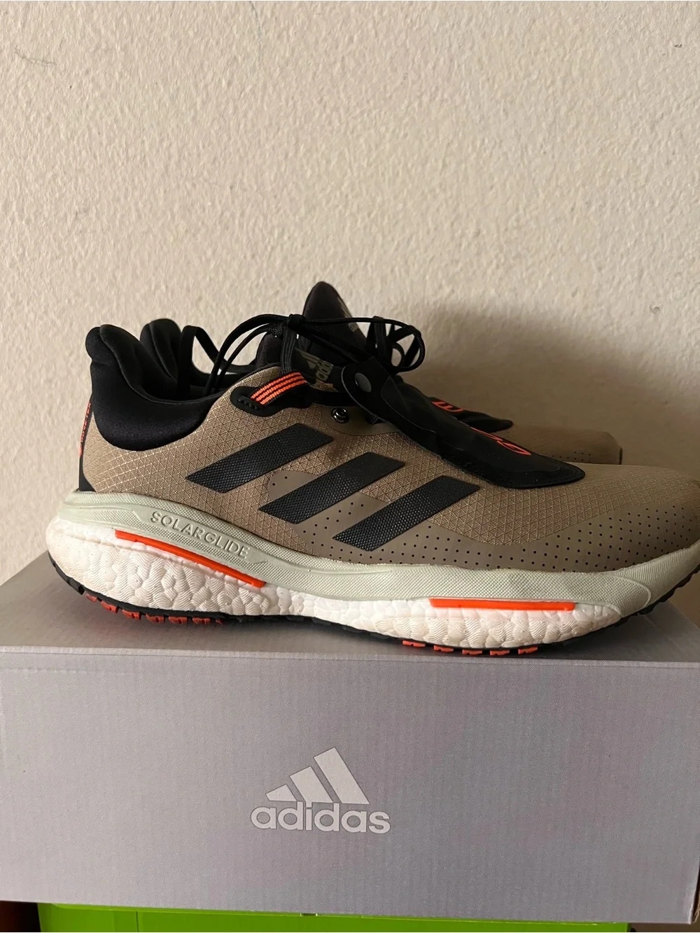 adidas Men’s Taupe and Black SolarGlide Running Shoes with Orange Accents